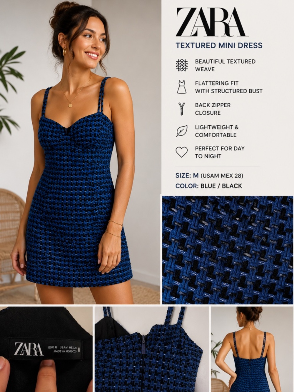 ZARA Textured Mini Dress Blue & Black Tweed Style | Size M (US M) - Picture 1 of 9